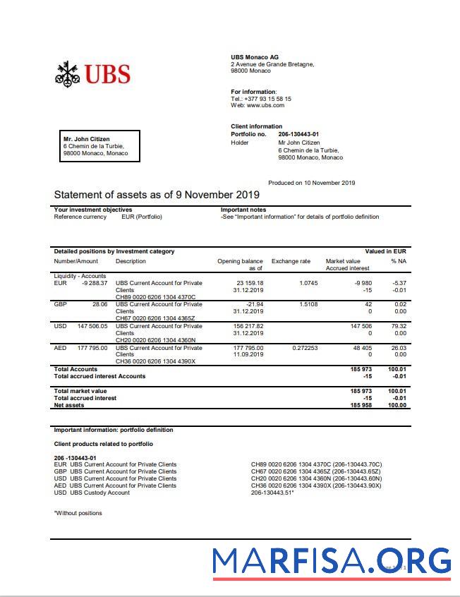 Printable Monaco UBS bank statement word template